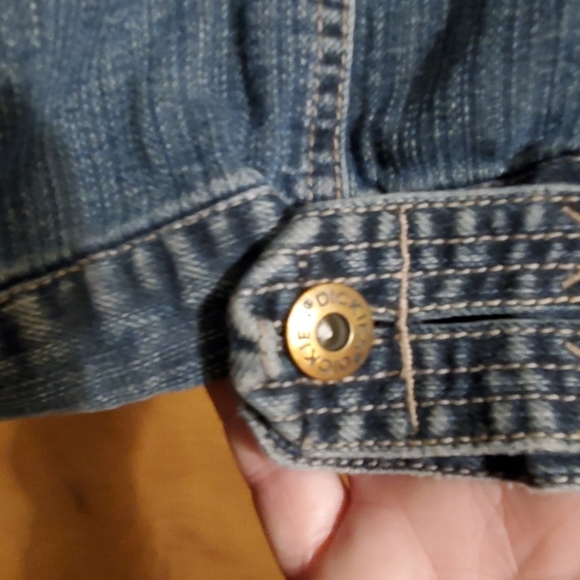 Dickies Distressed Denim Dark Wash Trucker Jean Jacket Large. Stretch. - Picture 6 of 6